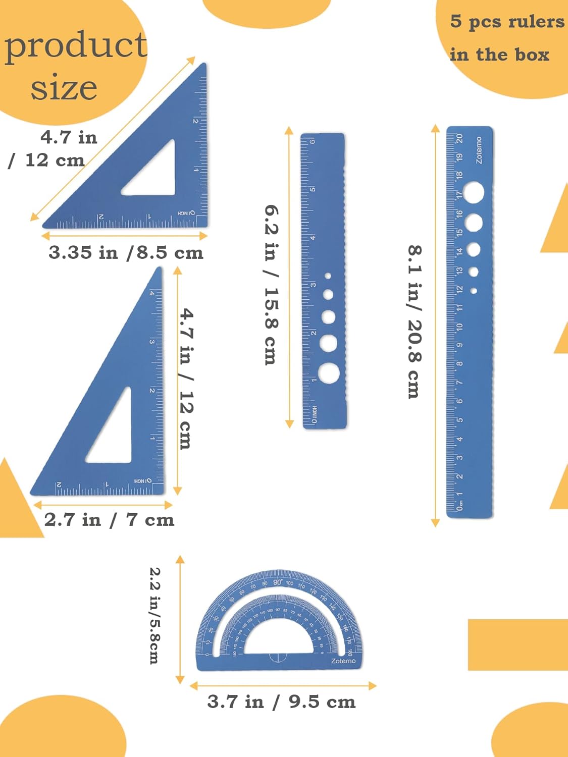 Metal Geometry Set, 5-Piece Aluminum Ruler, Math Drafting Ruler Kit Includes Protractor, Triangle Rulers, Straight Rulers-Math Measurement Tools for School and Office Supplies (Blue)