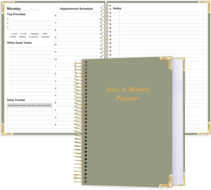 Undated Daily Monthly Planner for 2025 2026 - A4 To Do List with Hourly Schedule, Hardcover Spiral Bound Daily Planner to Increase Focus, Stylish School/Office Supplies, 8.5" x 11", Green