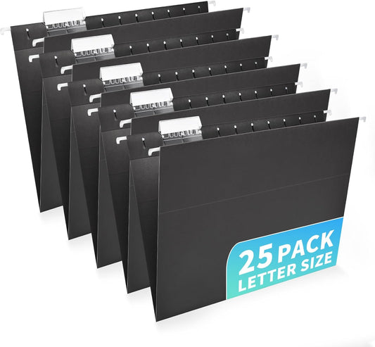 25-Pack Black Hanging File Folders, Letter Size (8.5" x 11Inch), Includes 35 Transparent Label Cards & 50 Sticker Labels,1/5-Cut Tabs for Home & Office Organization