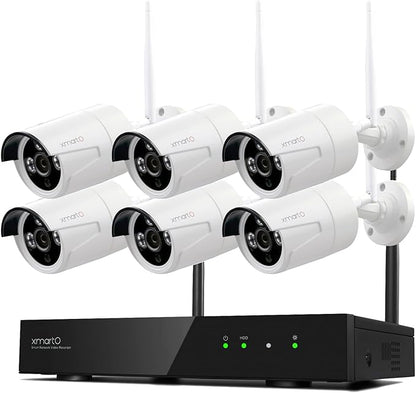 XMARTO Wireless Security Camera System 10CH 6PC 2K Wireless Security IP Camera System(Built-in Router, Plug N Play, Mobile View, Night Vision, Built-in Audio Mic)