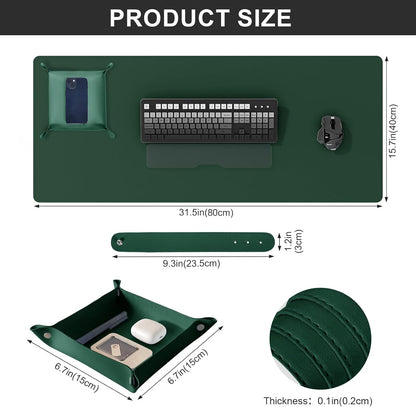 DAWNTREES Dual Sided Desk Mat,Leather Desk Pad,Cork Desk Mat Protector,with PU Leather Valet Tray Organizer,Large Mouse Pad,Desk Writing Pad for Office and Home(Dark Green 31.5"x15.8")