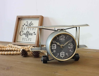 Airplane Metal Tabletop Clock Industrial Home Decor Accents for The Mantel, Shelf, Desk, or Any Table Top, Battery Operated No Battery Supplied