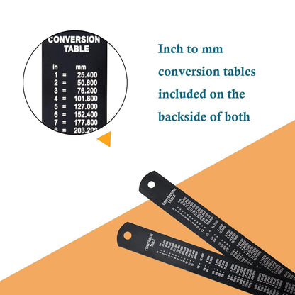 Metal Ruler, 6 Inch Stainless Steel Straight Edge with Metric Measurement, 2 Pack, 15 Centimeters Straight Edge Ruler with Inch to MM Conversion Table for Students, Machinist and Drafting