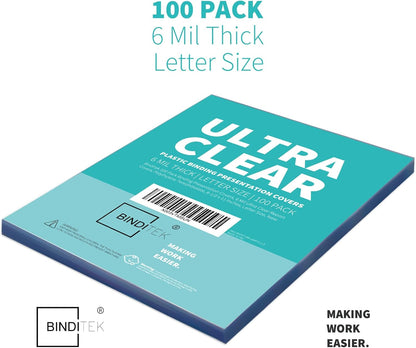 Binditek 100 Pack 6 Mil Clear Presentation Covers for Binding, Ultra Clear, 8.5 x 11 Inches, Letter Size, Square Corners, Un-Punched, Office Supplies