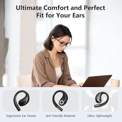 Open Ear Clip Wireless Earbuds Bone Conduction Headphones, Bluetooth 5.4, Open Ear Design for Running Fitness,Office，Built-in Mic, IPX7 Waterproof, LED Display Charging Case,Ear Hooks Ear Buds