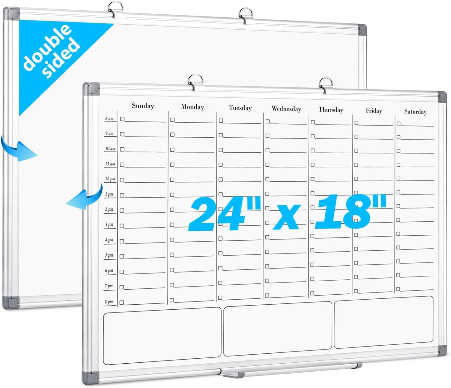 White Board Dry Erase Board for Wall, Magnetic Whiteboard Calendar 24" X 18", Weekly Calendar Whiteboard with Hourly Time Slots, Hanging Double-Sided White Board for Office,School,Home - 1 Pack