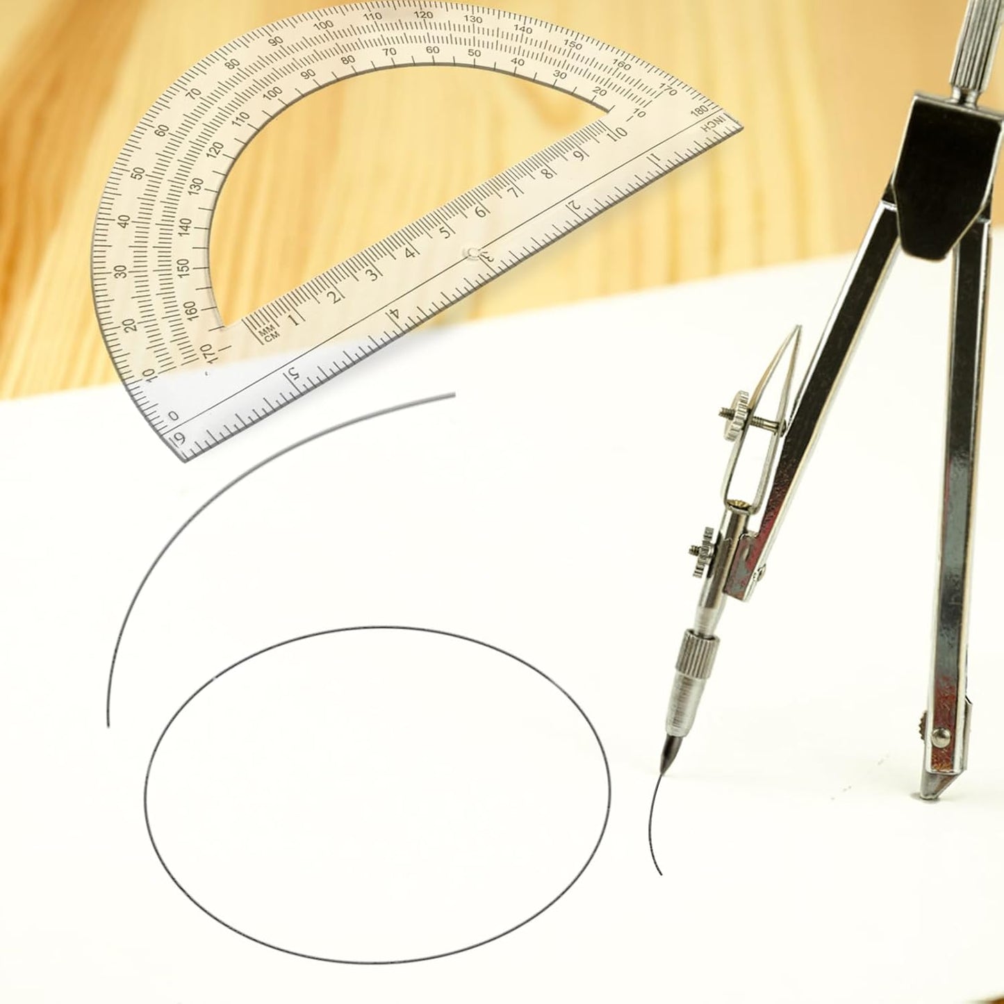 Students Geometry Math Set, Drawing Compass and 6 Inch Transparent Swing arm Protractor 180 Degree Math Protractor (Transparent)