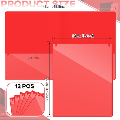 Henoyso 12 Pcs Folders Take Home Heavy Duty 2 Pocket Homework Folders with Clear Front Pockets for Elementary Students Parent Teacher Communication (Red)