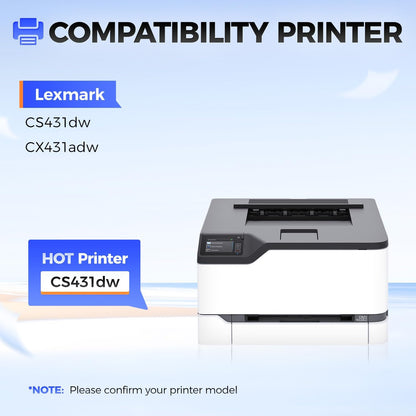 20N1XK0 20N1XC0 20N1XY0 20N1XM0 Toner Cartridge Set（4-Pack with chip）High Yield Replacement for Lexmark 20N1XK0 Toner Compatible with Lexmark Color CS431dw CX431adw CS431 CX431 Laser Printer (B/C/M/Y)