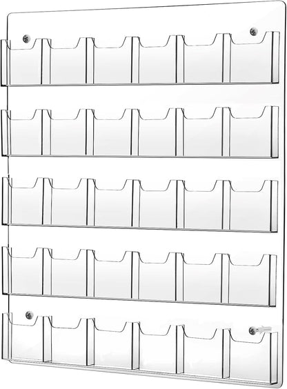 Acrylic Brochure Pamphlet Holder - Clear Display Stand with Multi Slot Rack, Wall Mount Pocket for Literature Menu Document Flyer Advertise Supplies (30 Pockets)