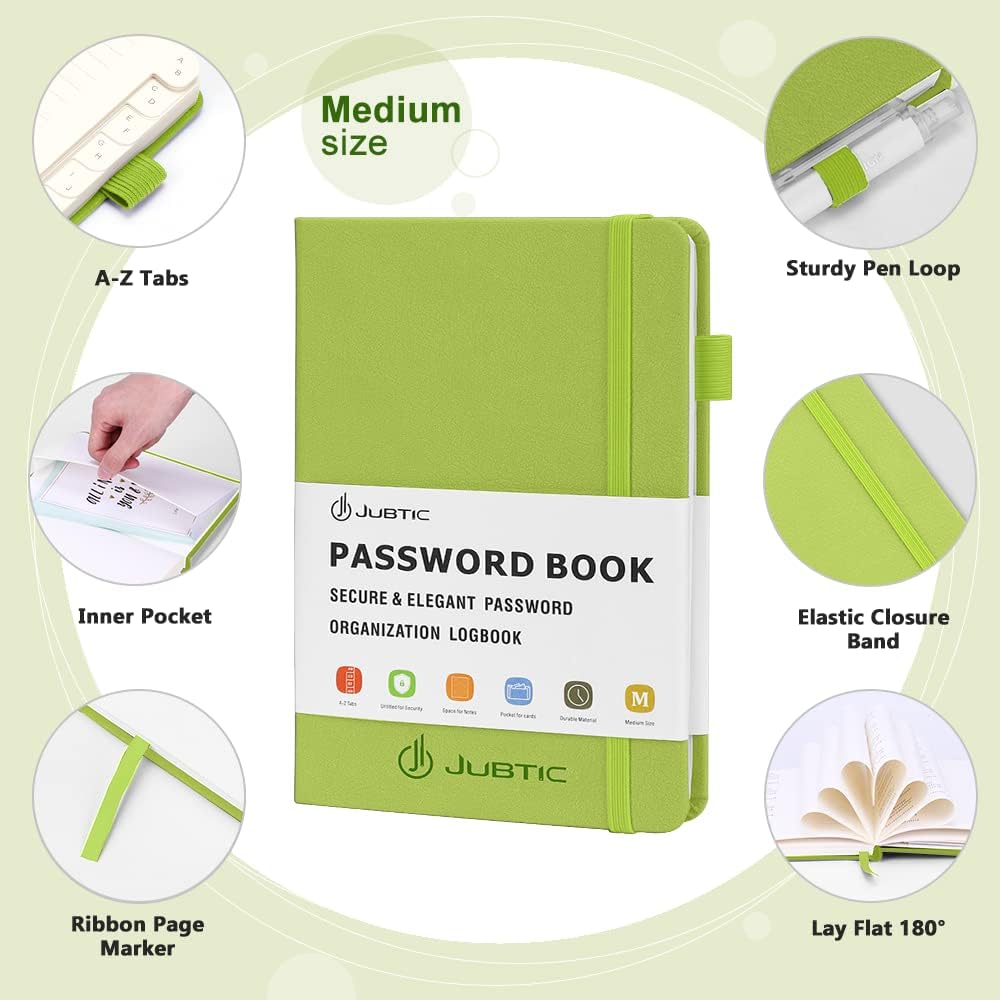 JUBTIC Password Book with Alphabetical Tabs Medium Size Password Keeper Logbook for Internet Log in Website Address Detail. Hardcover Password Notebook Journal & Organizer for Home Office, Green