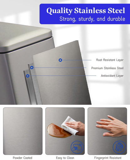 Bathroom Trash Can with Lid，5 Liter / 1.3 Gallon Small Trash Can with Removable Liner, Soft Close lid & Step Pedal, Stainless Steel Trash Bin for Bathroom,Bedroom,Home Office, Kohler Grey
