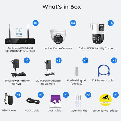 xmartO 16CH 8 Pcs Home Security Camera Kit, 4 * Dual-Image Wide FOV Security Camera and 4 * 2K HD Dome Camera, 2-Way Audio, Night Vision, 24/7 Surveillance Camera, No Monthly Fee(Include 500GB HDD