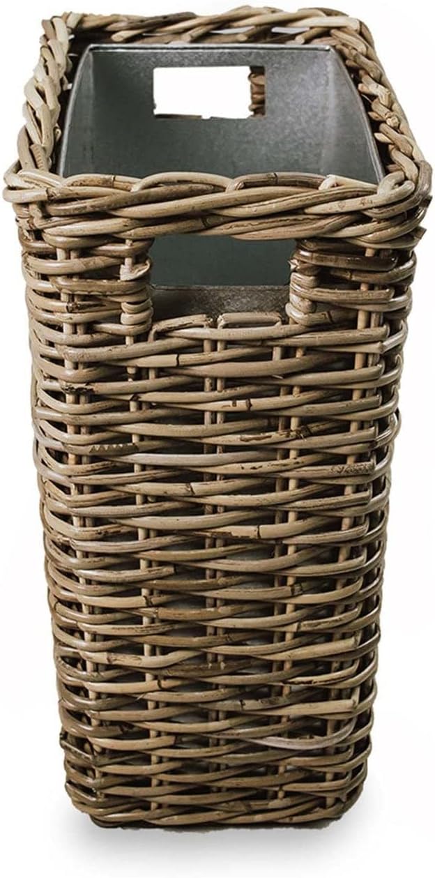The Basket Lady Large Rectangular Kubu Wicker Waste Basket with Metal Liner, 14.5 in L x 9 in W x 18 in H, Serene Grey
