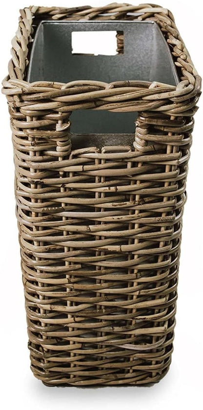 The Basket Lady Large Rectangular Kubu Wicker Waste Basket with Metal Liner, 14.5 in L x 9 in W x 18 in H, Serene Grey