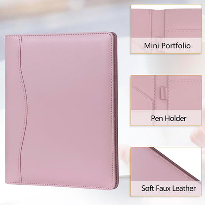 Leather Portfolio Binder 5 x 8, Mini Soft Leather Padfolio A5 Business Binder Legal Writing Pad Junior Size Document Organizer for Present Gift Kid Men Women Pink