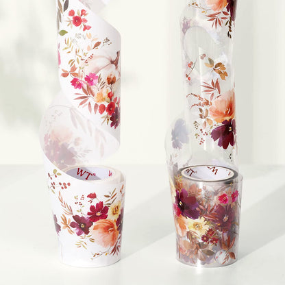 WT Autumn Rose Wide PET Tape, Single Roll, Original Designs, Floral Decorative Tape, Transparent Craft Tape for Bujo Planner & DIY Supplies, Watercolor Flowers