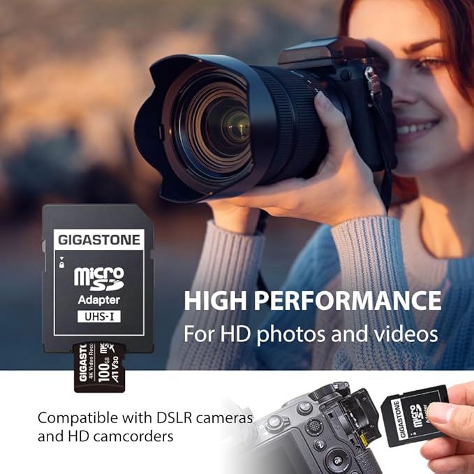 GIGASTONE 100GB Micro SD Card, A1 V30 4K Video Recording, Compatible with Security Camera, Dash Cam, Drone, 100MB/s MicroSDXC Memory Card UHS-I, with Adapter