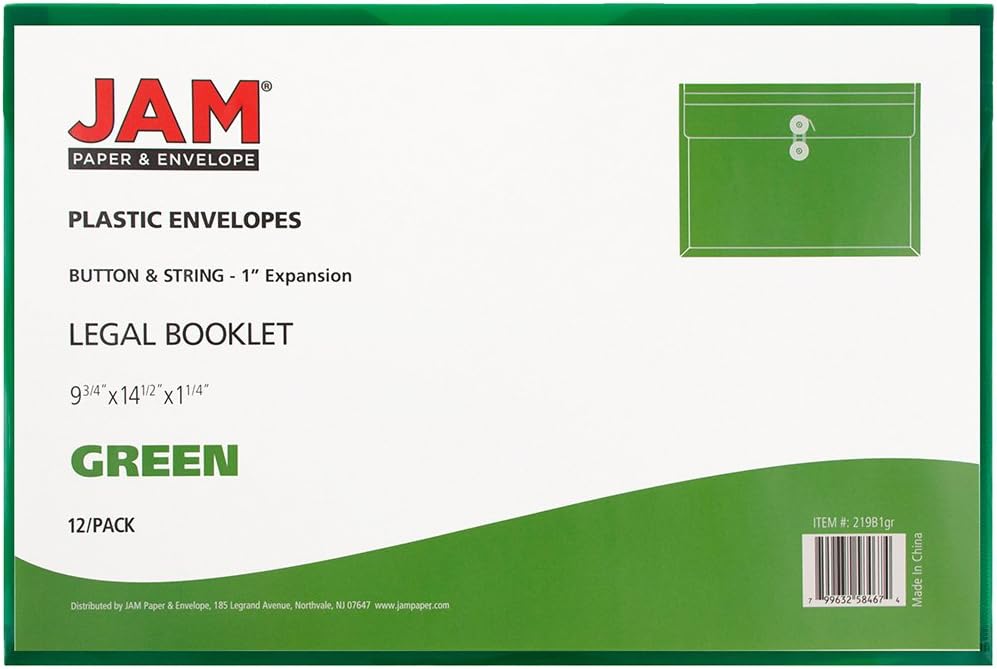 JAM PAPER Plastic Envelopes with Button & String Tie Closure - Legal Booklet - 9 3/4 x 14 1/2 - Green - 12/Pack