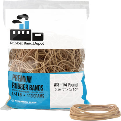 Rubber Band Depot, Size #18, Everyday Rubber Bands - Rubber Band Measurements: 3" x 1/16'' - Approximately 450 Rubber Bands Per Bag - 1/4 Pound Bag