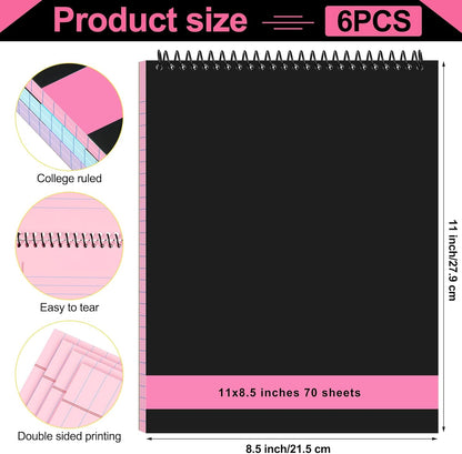 6 Pcs Legal Pad Top Spiral Bound Notebook 70 Sheets Wirebound Notepad Double Sided Ruled Memo Steno Pad with Stiff Back Cover for Business(8.5 x 11 Inches,No Holes,3 Colors)