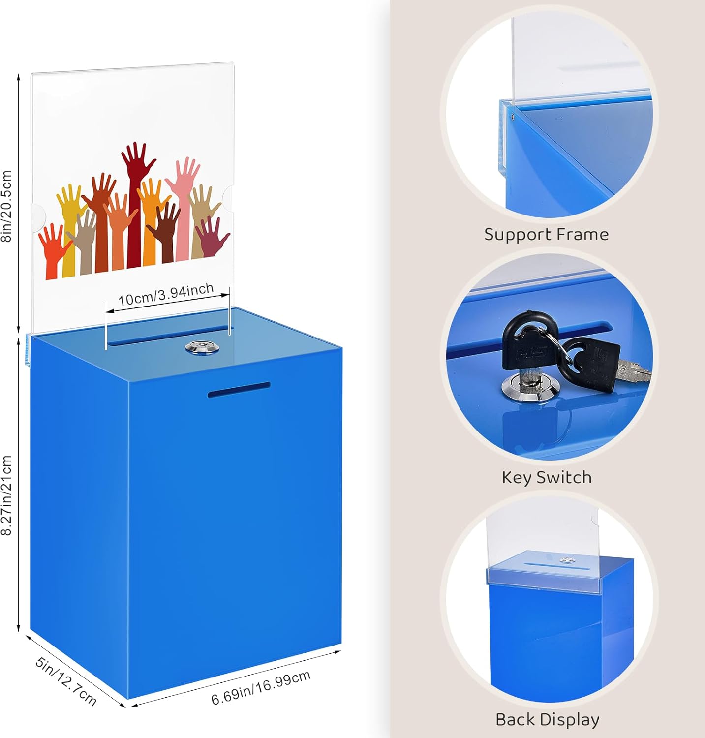 Marsui Acrylic Suggestion Box Large Donation Box 16 x 6.7 x 5 Inch Safe Ballot with Lock and Sign Holder for Voting Charity Business Cards Collection Display Ticket Comment(Blue)