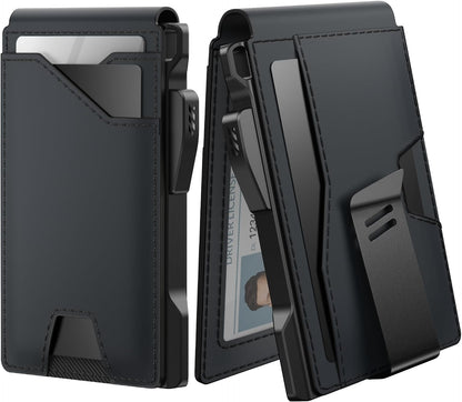 typecase Tactical Wallet for Men Card Holder: Pop Up Card Case, Genuine Leather, Smart, RFID Blocking, Slim, Minimalist, Thin, Front Pocket - 13 Card Capacitiy, ID Window, Money Clip (Dark Black)