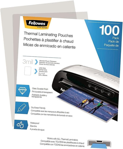 Fellowes Thermal Laminating Pouches/Sheets, Letter Size 9 x 11.5-Inches, 3 mil, 100 Pack (5743301)