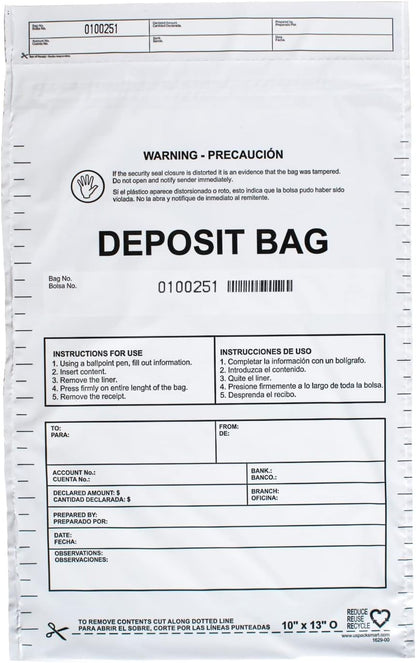 Opaque Plastic Deposit Bags 10"x13" | Secure Bank Deposits, Cash Handling or Safe Currency Transportation | Sequential Barcodes | Tamper-Evident, Tear-Off Receipt for Security | 100-Pack