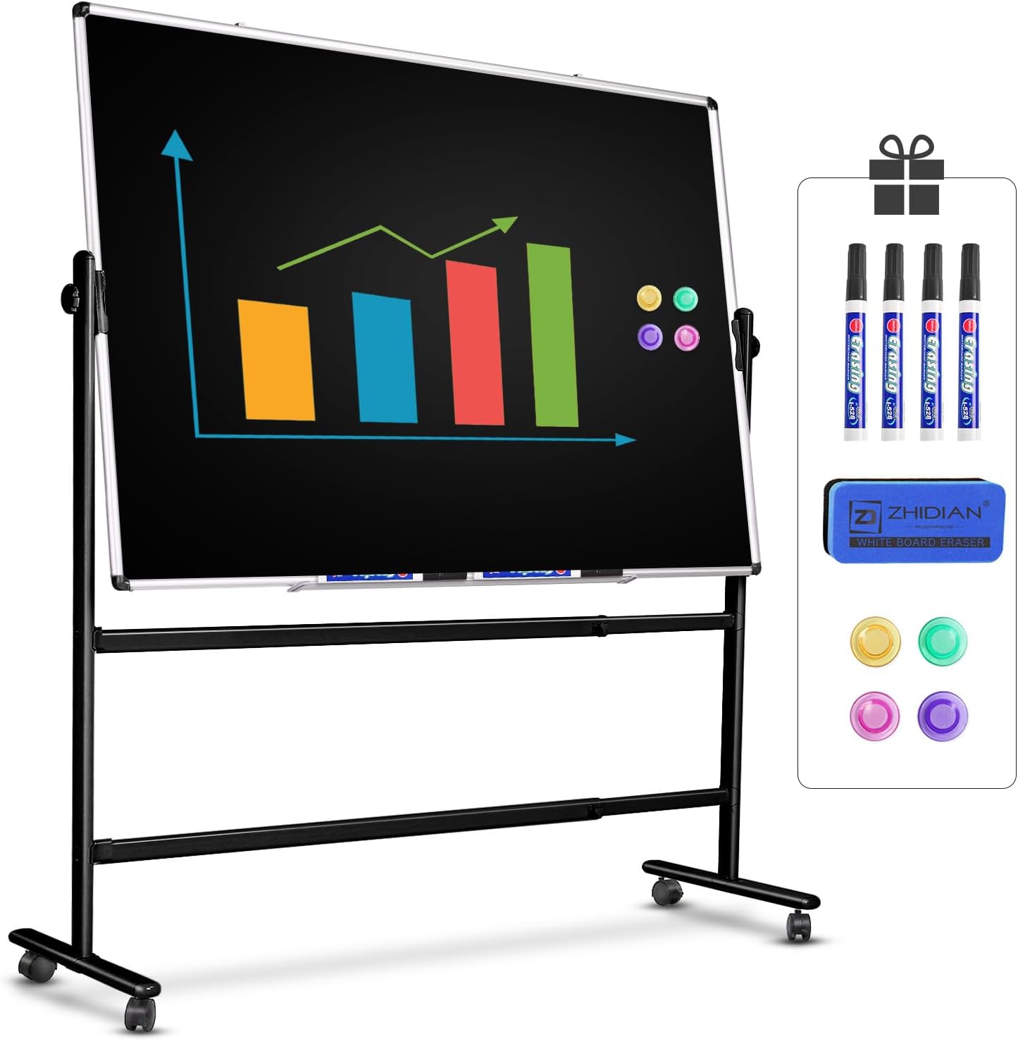 Mobile Dry Erase Blackboard 36 x 24, Magnetic Portable Black Dry Erase Board with Stand, Rolling Double Sided Chalkboard with Wheels - Easel Standing Black Board for Office, School & Home