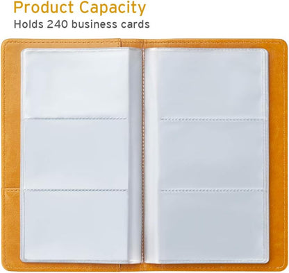 Sooez Leather Professional Business Card Book Holder Organizer, 240 Capacity Credit Card Booklet, PU Name Cards Holder Storage File for Men Women, Orange