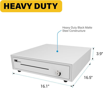 HK SYSTEMS 16inch Heavy Duty POS Cash Drawer with 5Bill/5Coin, Removable Coin Compartment, 24V, RJ11, Single Large Media Slot, White
