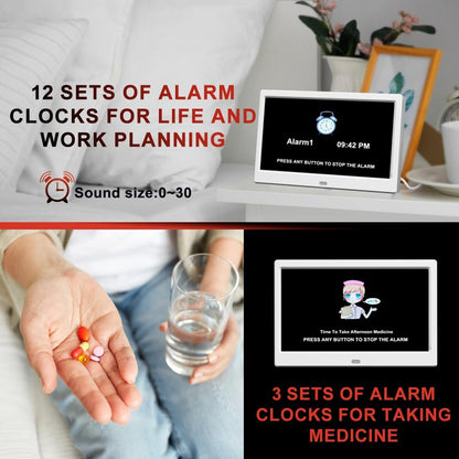 Alarm Clock with Day and Date for Elderly Digital Calendar Clock Photo Frame- Auto Dimmable Display 15 Alarm Options (10inch White)