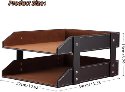 KINGFOM Letter Tray, Leather Paper Organizer Tray, Wooden Desk File Holder, Desktop File, Stackable Magazine Holder, Mail Sorter, Great for Home or Office - 2 Level Brown