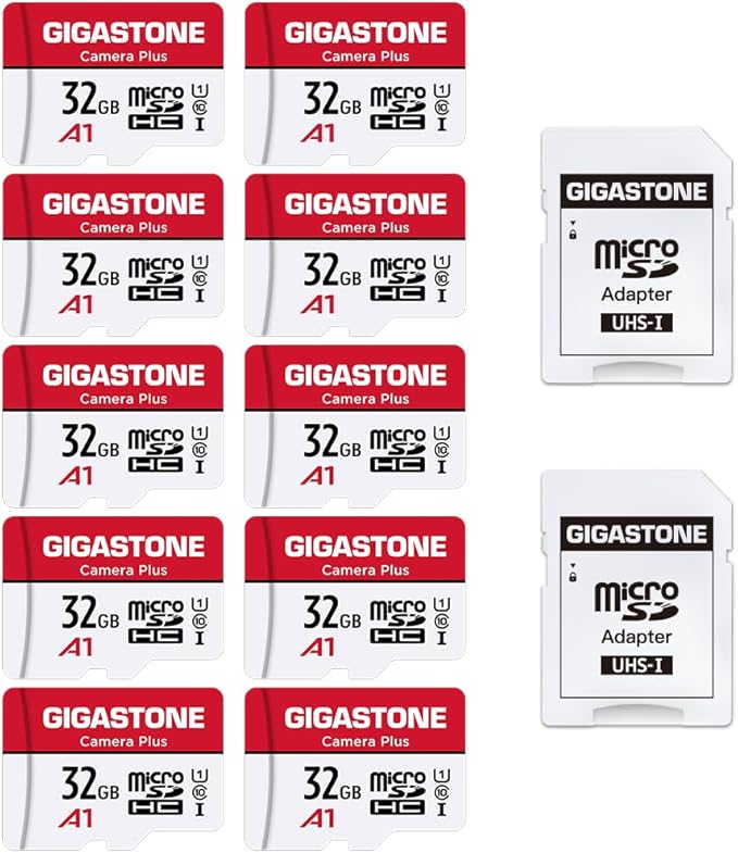 GIGASTONE 32GB Micro SD Card 10-Pack, Camera Plus, MicroSDHC Memory Card for Camera, Wyze Cam, Roku, Full HD Video Recording, UHS-I U1 A1 Class 10, up to 90MB/s, with 10 Adapters