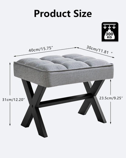 IBUYKE Small 12" H Footrest Stool, Square Linen Foot Stool with Metal X-Leg, Multi-Use as Small Side Table, Step Stool for Living Room, Bedroom, Entryway, Office, Blue Gray WBD011L