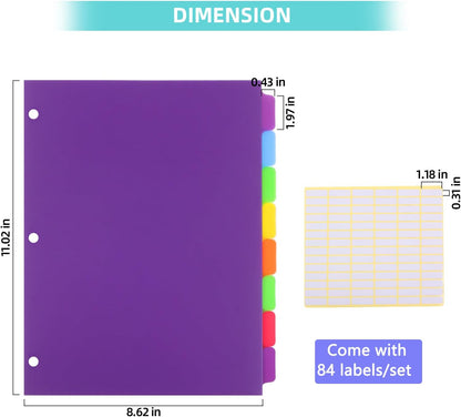 Binder Dividers for 3 Ring Binder, 8 Tab Set, Durable Plastic Dividers with Tabs for Letter Size, Colorful Notebook Dividers for for Office, School