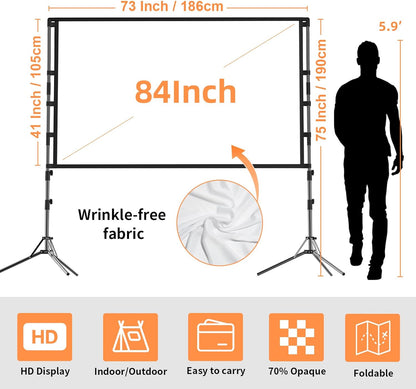 Projector Screen with Stand,84 inch Portable Projection Screen, Indoor Tripod Projector Screen 16:9 4K HD Rear Front Movie Screen with Carry Bag Wrinkle-Free Design for Home Theater Backyard Cinema
