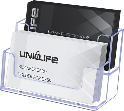Uniclife Acrylic Business Card Holder for Desk 2 Slots Clear Business Card Display Stand for Men & Women Desktop Business Card Organizer Card Stand for Office Home Exhibition, 120 Card Capacity