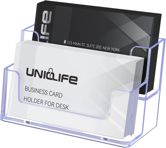 Uniclife Acrylic Business Card Holder for Desk 2 Slots Clear Business Card Display Stand for Men & Women Desktop Business Card Organizer Card Stand for Office Home Exhibition, 120 Card Capacity