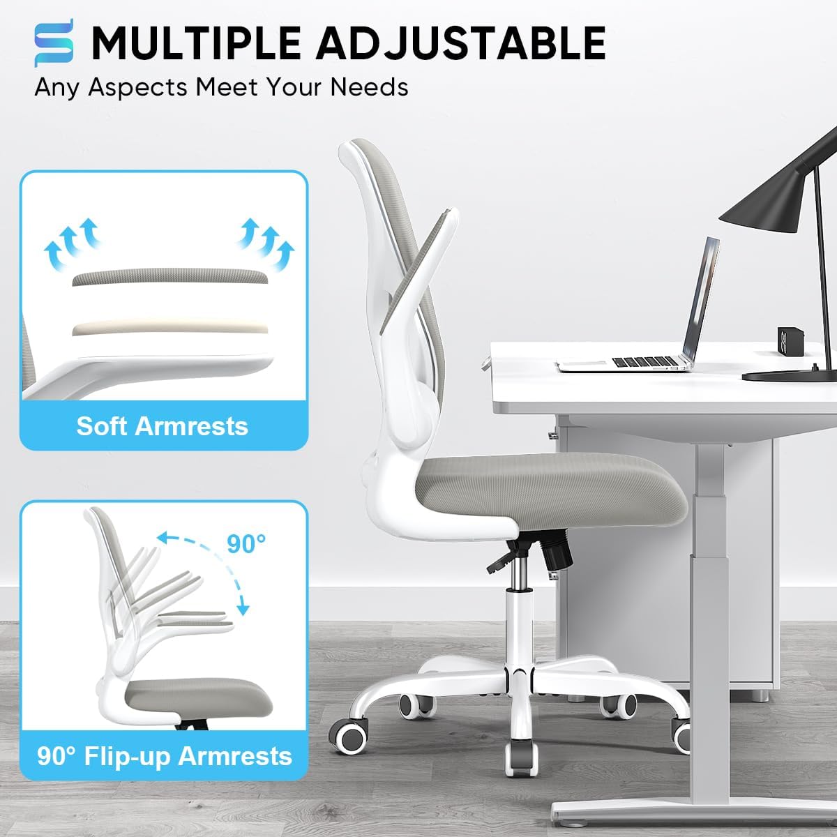 Sytas Ergonomic Desk Chair with Padded Flip up Arms and Supportive Lumbar Support, Breathable Mesh Home Office Chair with Comfortable Cushion for Home or Office(Gray)