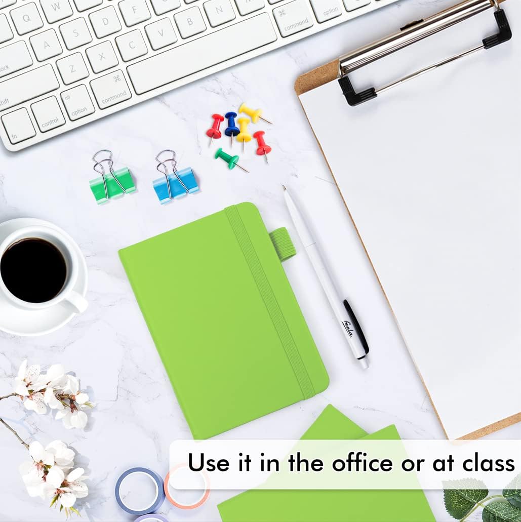 feela 15 Pack Pocket Small Notebooks Bulk, Mini Cute Memo Notepads Hardcover College Ruled Lined Journals with Pen Holder for Women Girls Office School, with 15 Black Pens, 3.5”x 5.5”, A6, Green