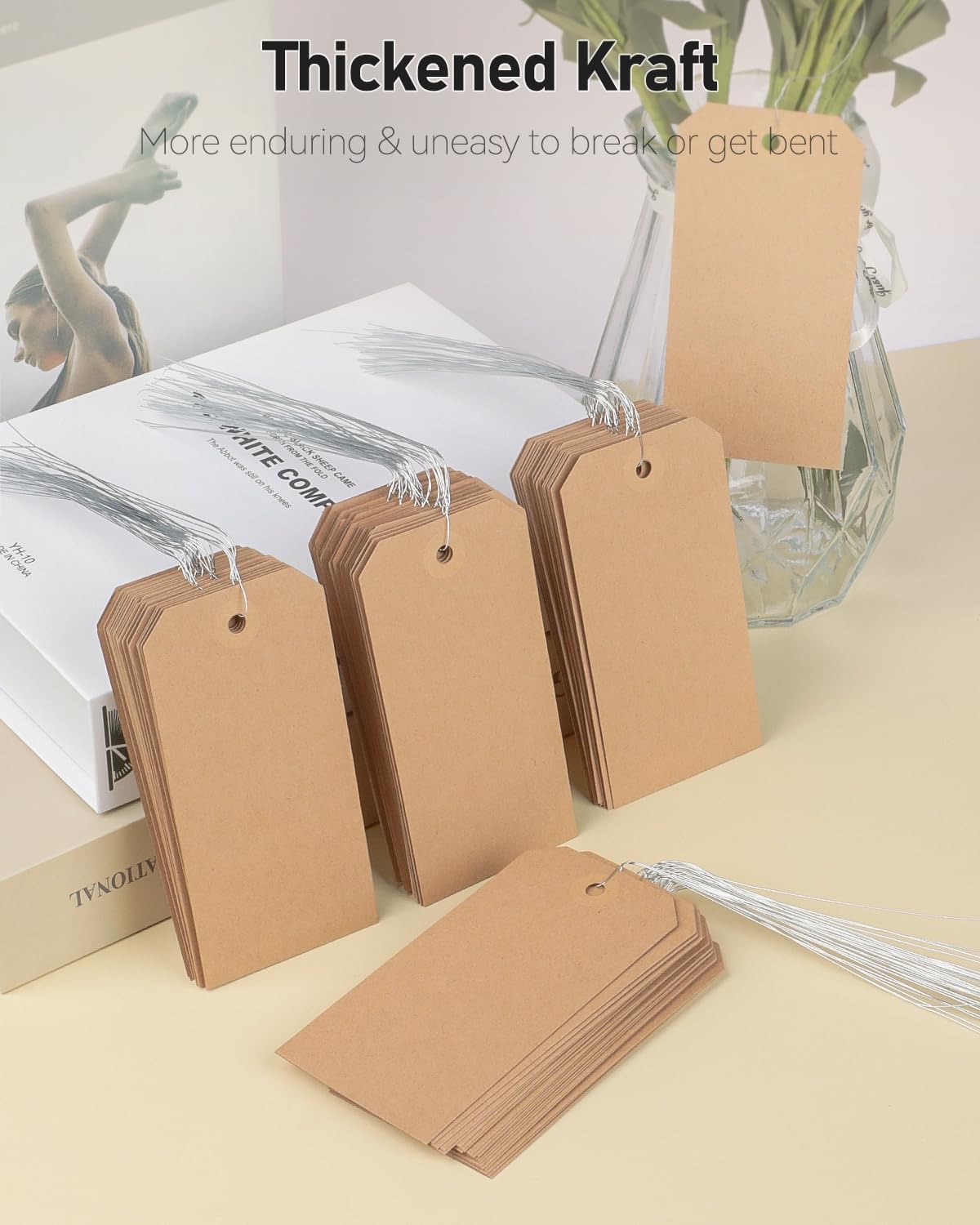 Uniclife 100 Pcs Blank Shipping Tags with Wire Attached 4.7 Inch Writable Brown Kraft Paper Tags Hang Tags with Reinforced Eyelet Large Marking Tags Price Tags Inventory Label Tags, 4.7" L x 2.36" W