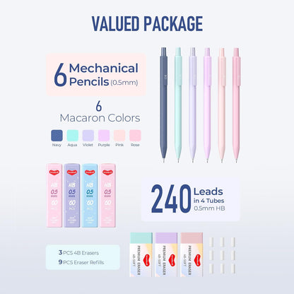 6PCS 0.5mm Mechanical Pencils Set with Case, Cute Pastel Mechanical Pencil with 240PCS HB Lead Refills, 3 Erasers, Aesthetic Back to School Supplies for Student Writing Drawing Sketching