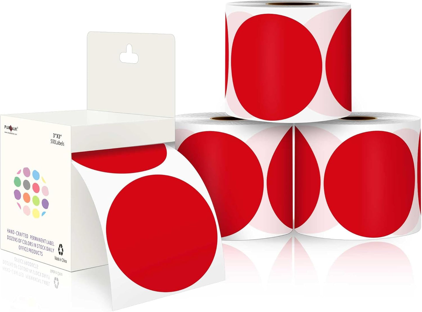 PARLAIM 3”Color Coding Labels Stickers,4Rolls/2000per Dispenser Box Round Adhesive Circle Dot Stickers for Inventory Office Home (Red)
