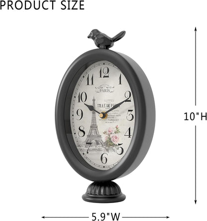 Vintage Table Clock with Bird, Desk and Shelf Decor Clock, French Paris Style, Antique Black Metal Mantel Clocks for Living Room, Farmhouse, Bedroom, Bedside, Gift (10" H x 5.9" W)