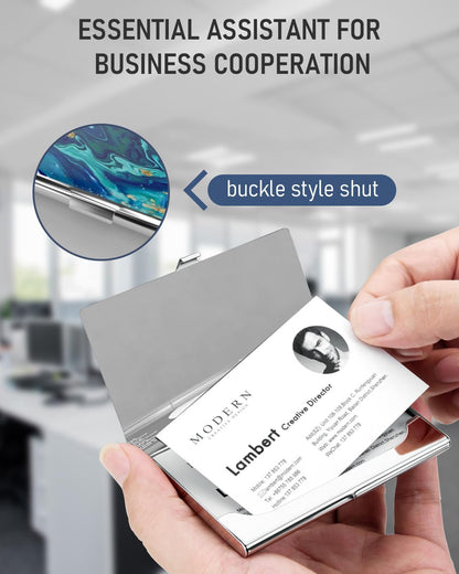 Business Card Metal Slim Organizer, Professional Stainless Steel Square Pocket Wallet for Office Workers, Compact and Portable for Pockets (Dark Blue Marble)