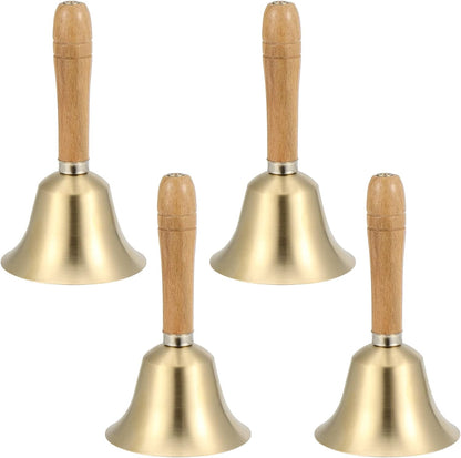 SINJEUN 4 PCS 6 Inch Brass Hand Bell, Solid Brass Hand Call Bells with Wooden Handle, Loud Ringing Bell Restaurant Call Service Bell for Christmas, School, Home, Restaurant, Bride Wedding