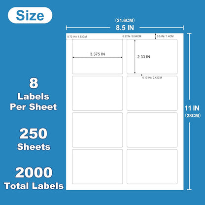 Name Tag Stickers 2 1/3"" x 3 3/8"", White Blank Mailing Labels, Inkjet and Laser Printer Guaranteed, 8 Labels Per Sheet, 250 Sheets - 2000 Labels, 3.375x2.33