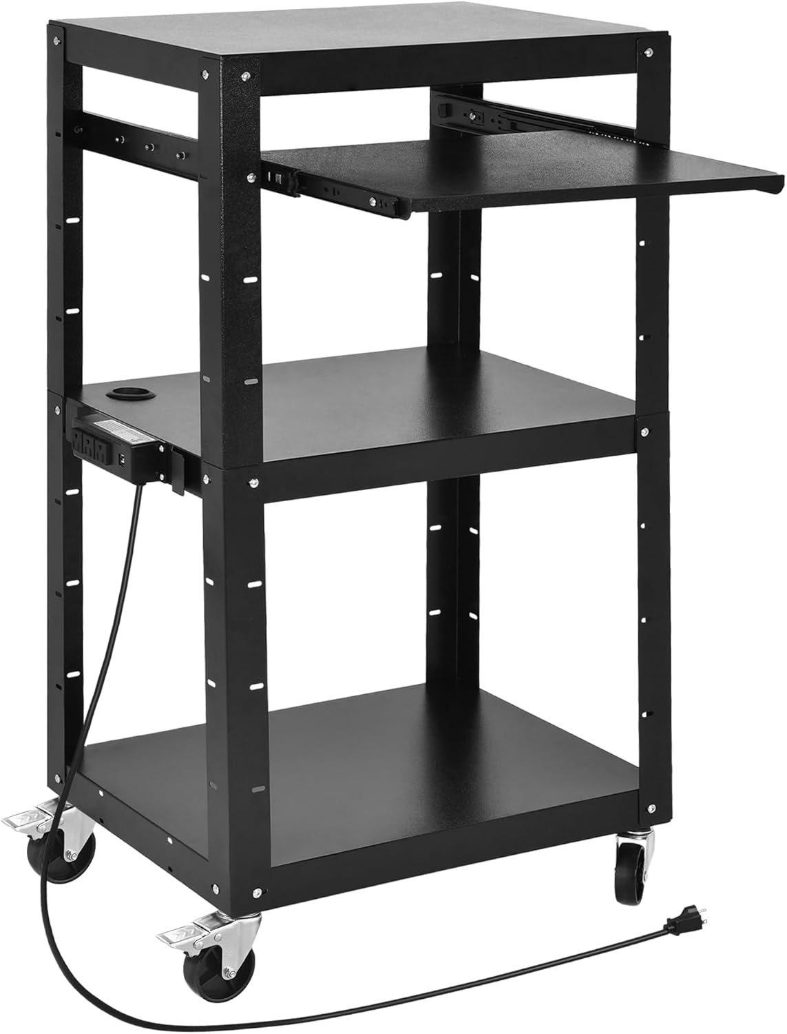 DWVO AV Cart with Wheels and Power 16.4ft Extra-Long Cord, Metal Presentation Cart with Keyboard Tray, Rolling Large Media Carts with 2 Locking Brakes, Easy to Assemble, Black